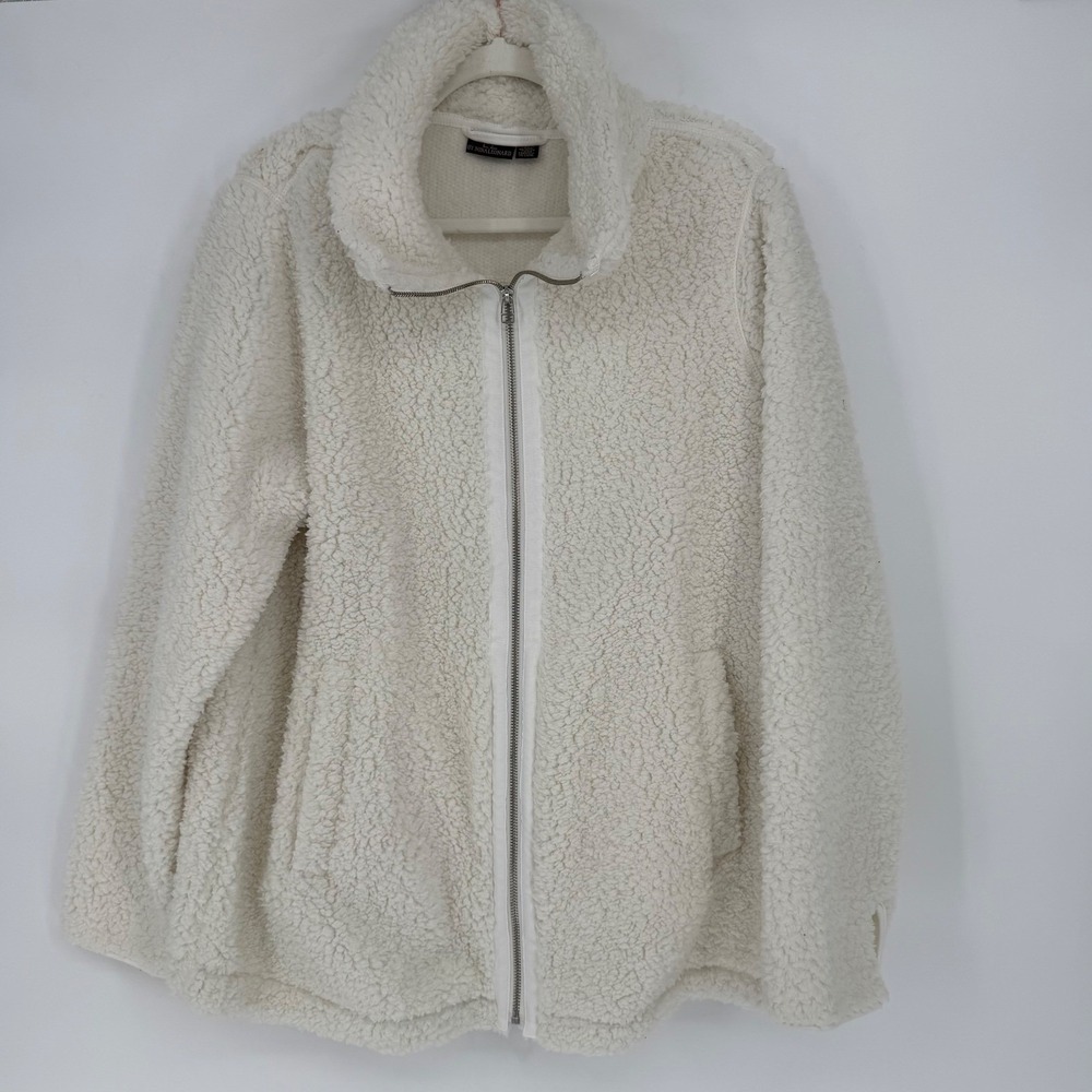Nina Leonard Womens Cream Sherpa Fleece Jacket Mock Neck Zip Pockets QVC Cozy